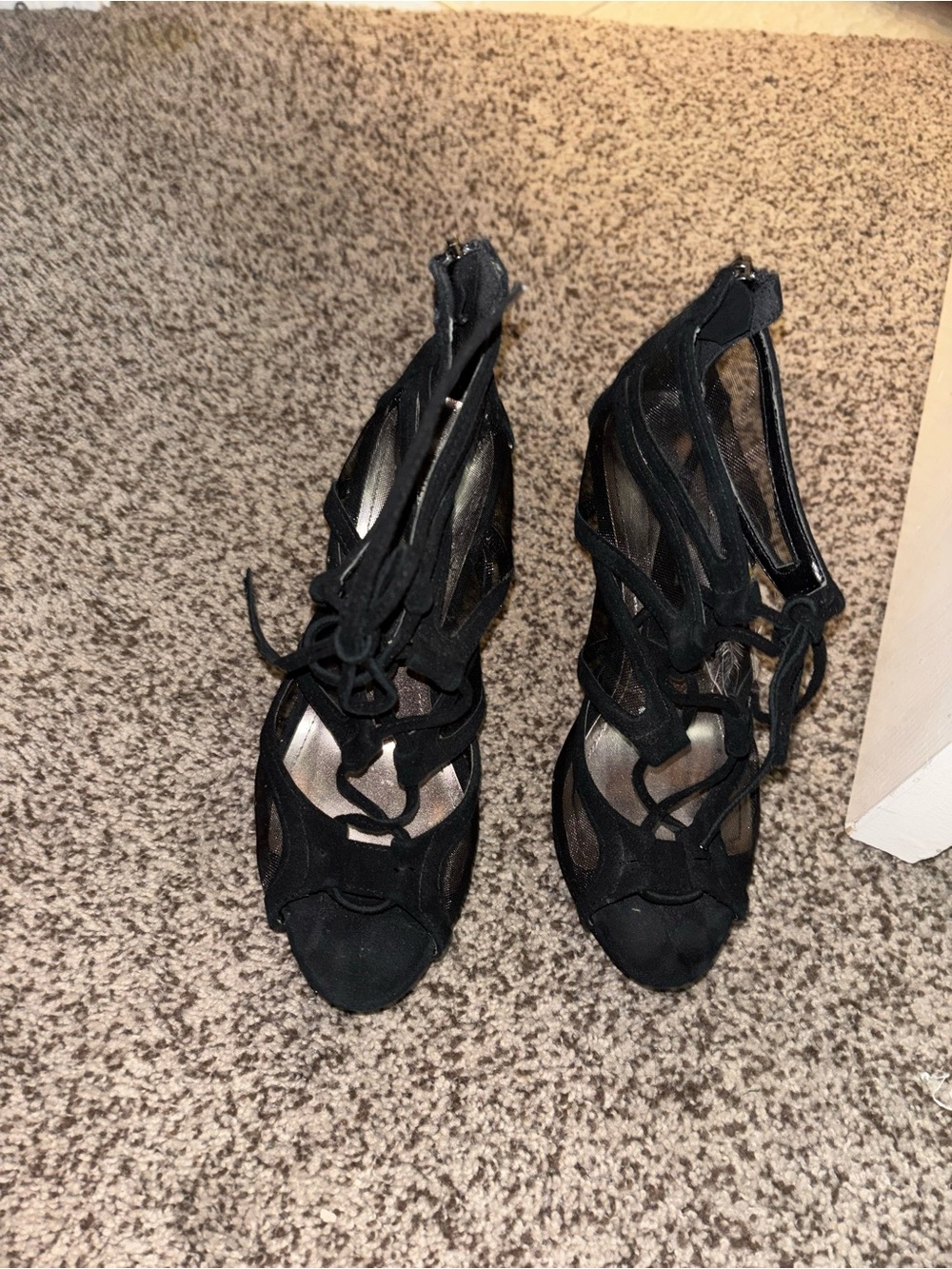 Steve Madden Black Lace-Up Mesh Peep-Toe Heels